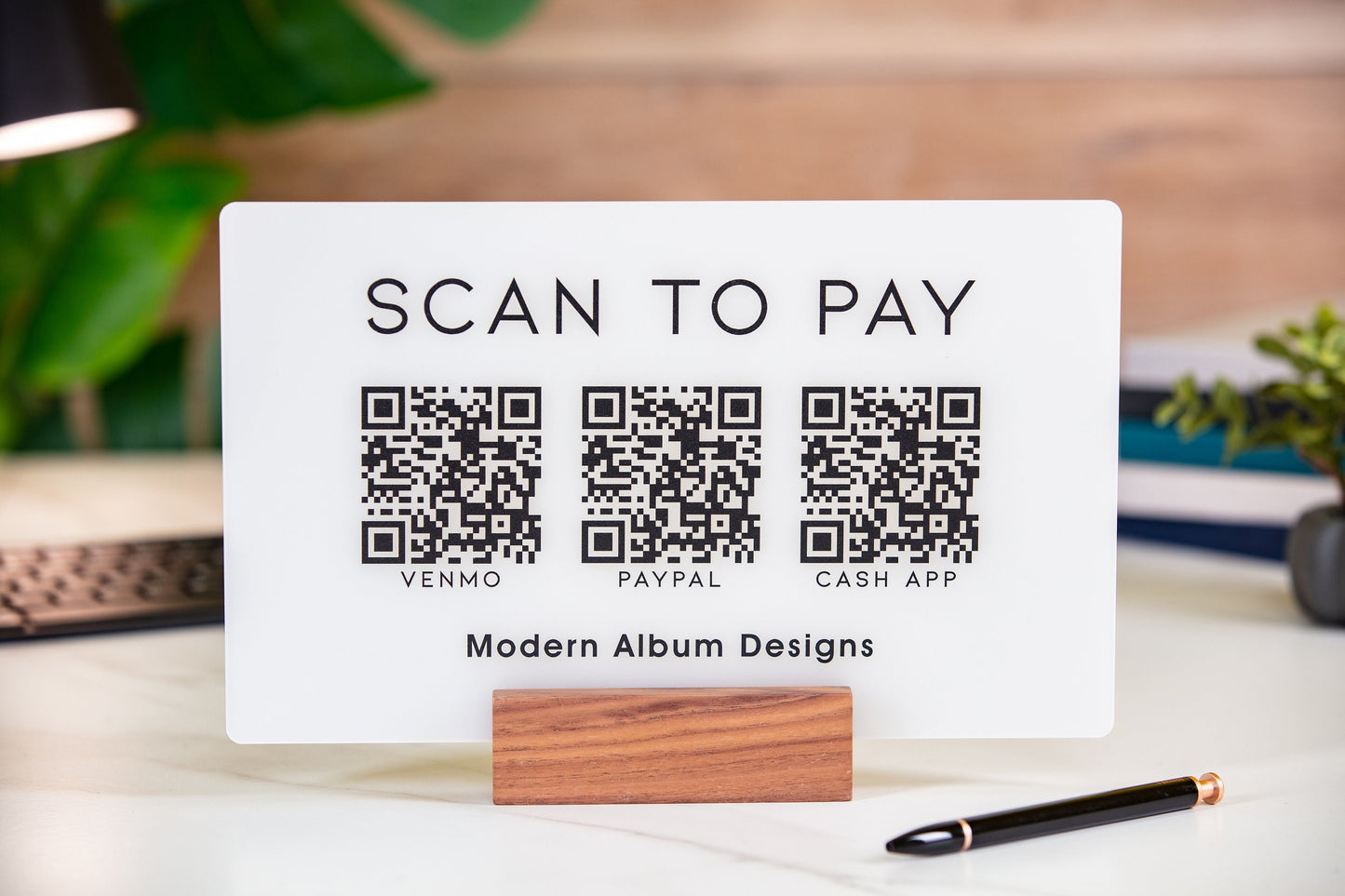3 QR Codes Scan to Pay w/ Wood Stand - 11.5x7" Scannable Acrylic Desk Signs, Instagram Venmo Website Business Restaurant Bar Reviews Tips