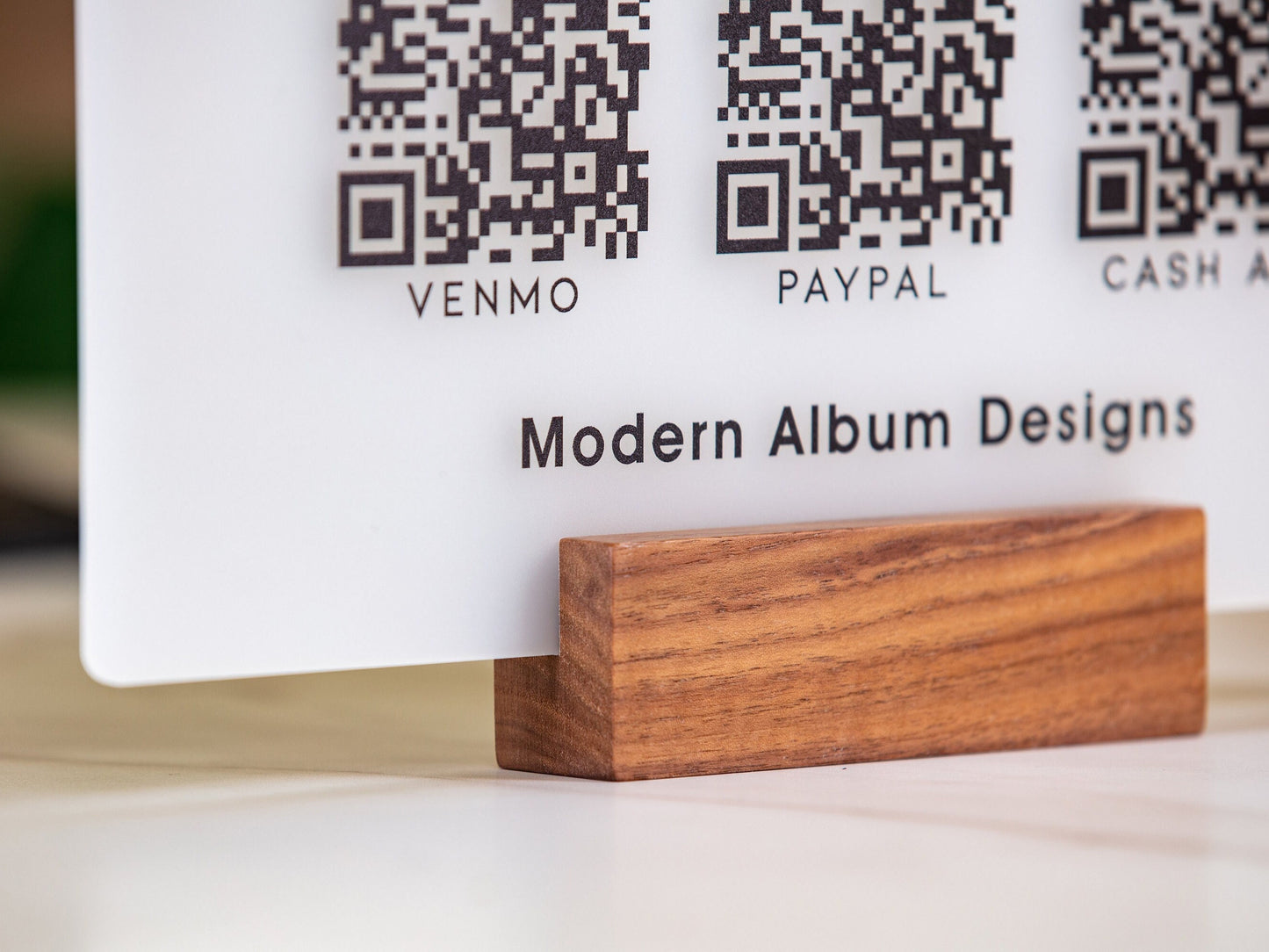 3 QR Codes Scan to Pay w/ Wood Stand - 11.5x7" Scannable Acrylic Desk Signs, Instagram Venmo Website Business Restaurant Bar Reviews Tips