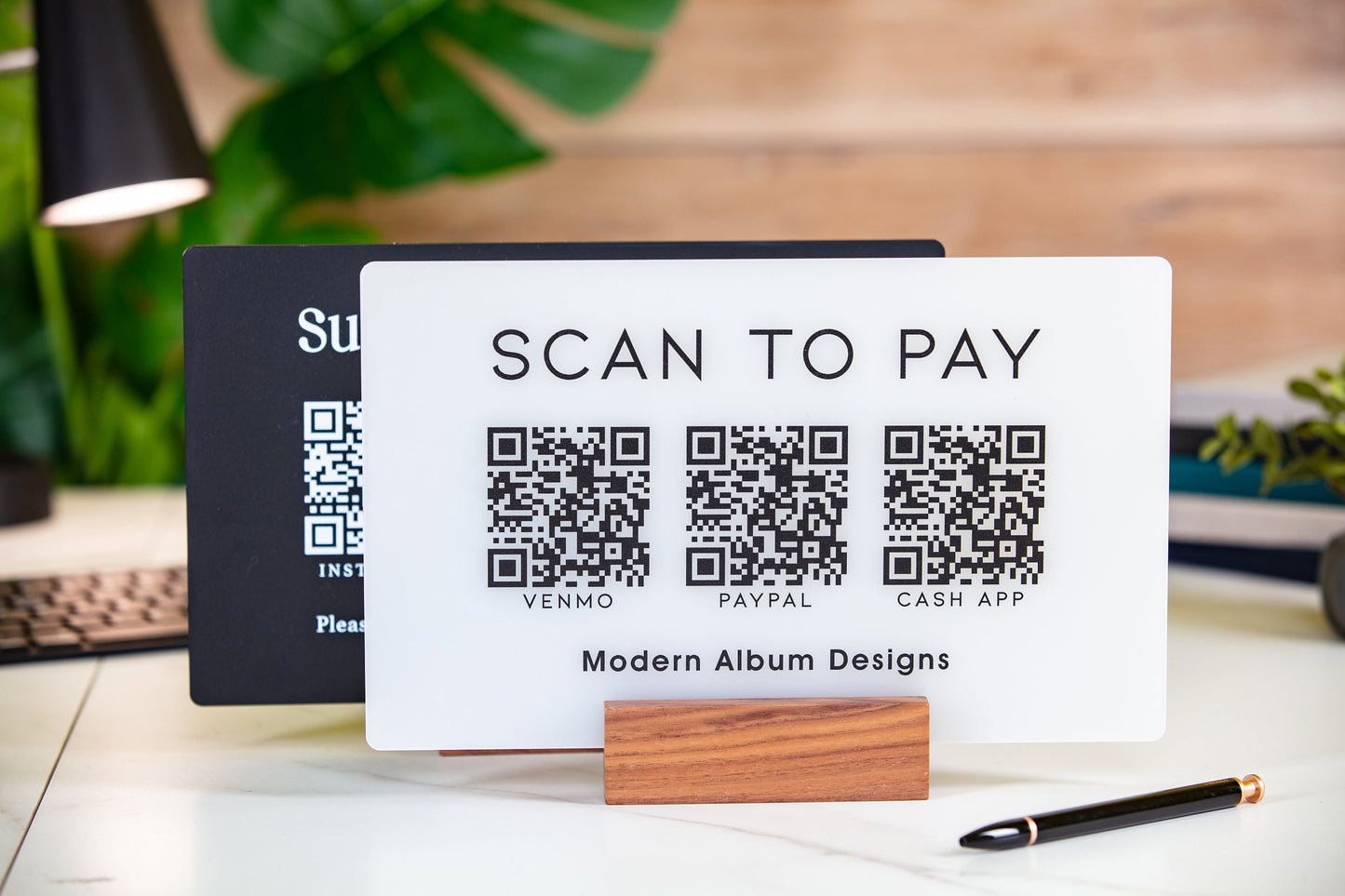 3 QR Codes Scan to Pay w/ Wood Stand - 11.5x7" Scannable Acrylic Desk Signs, Instagram Venmo Website Business Restaurant Bar Reviews Tips