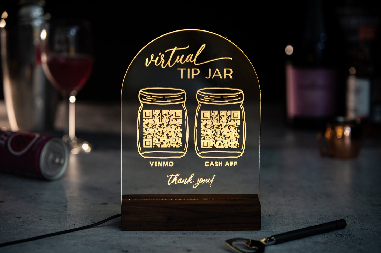Arched QR Code Sign & Light Up LED Stand (Virtual Tip Jar) - Scan for Tips Payment Venmo Paypal Cashapp, Restaurant Bars Bartender Sign