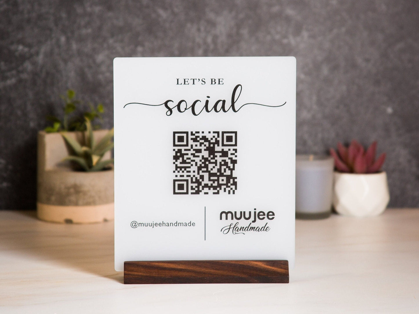 QR Code Social Media Sign w/ Wood Stand - 6.5 x 7.75" Logo Optional Scannable Acrylic Instagram Website Sign for Business Salon Restaurant