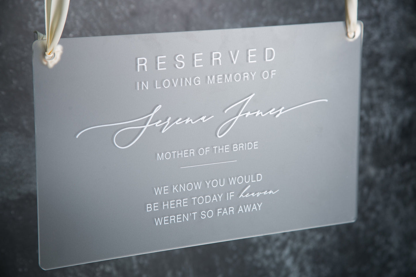 Reserved Hanging Acrylic Sign with Ribbon - Black or Frosted 11.5x7" Sign, In Loving Memory Sign for Wedding Chair Aisle, Memory Table Sign