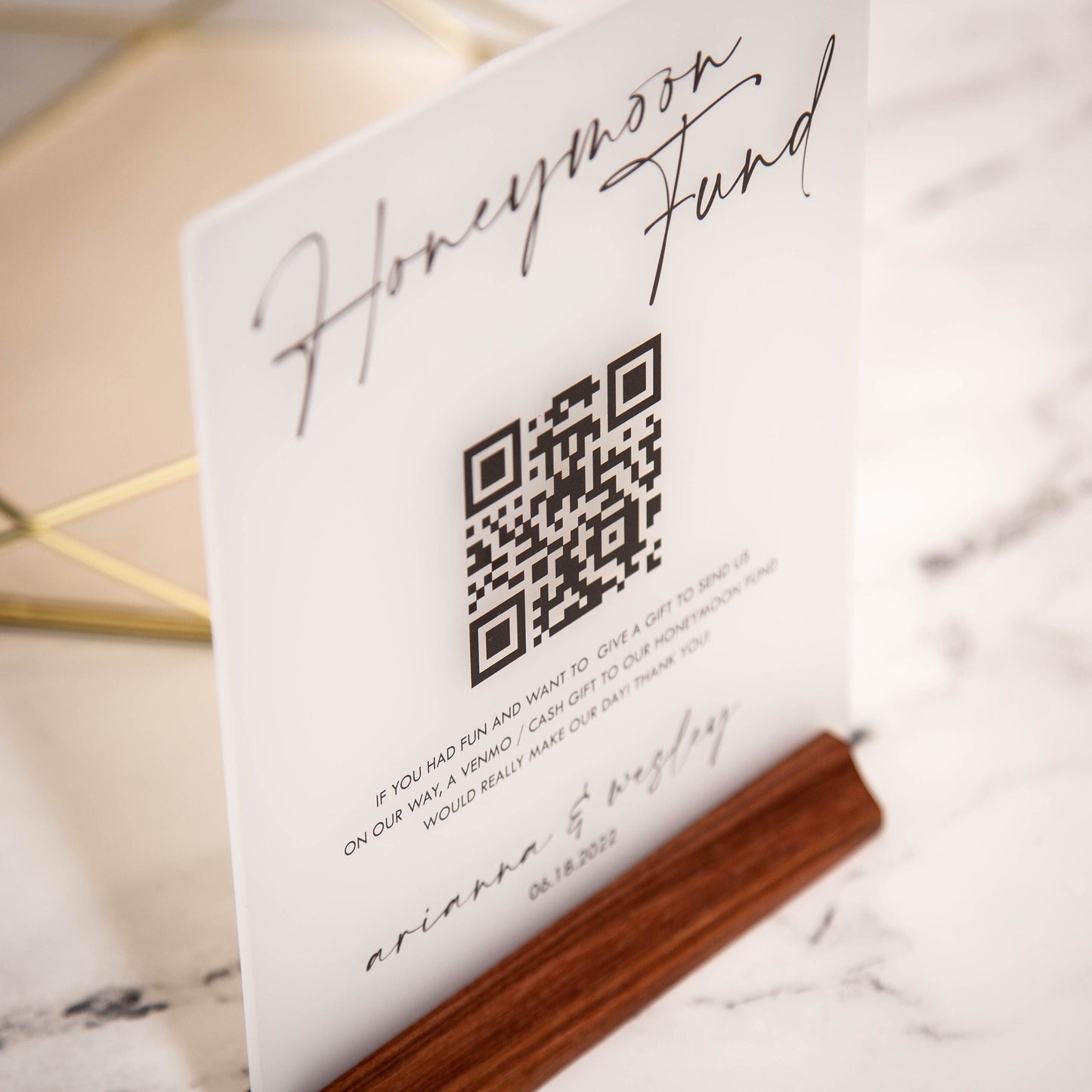 Honeymoon Fund QR Sign (Ice Acrylic) w/ Wood Stand - 6.5 x 7.75" Scannable QR Code Wedding Sign, Wedding Gift Table Decor, Venmo Link
