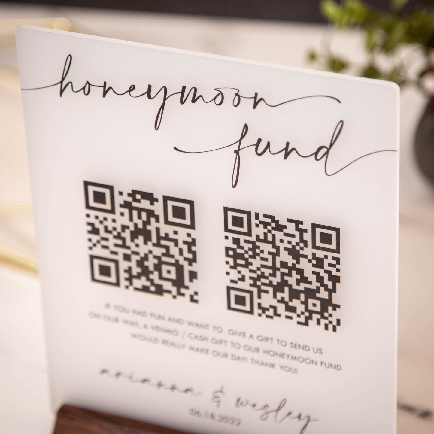 Honeymoon Fund QR Sign (Ice Acrylic) w/ Wood Stand - 6.5 x 7.75" Scannable QR Code Wedding Sign, Wedding Gift Table Decor, Venmo Link