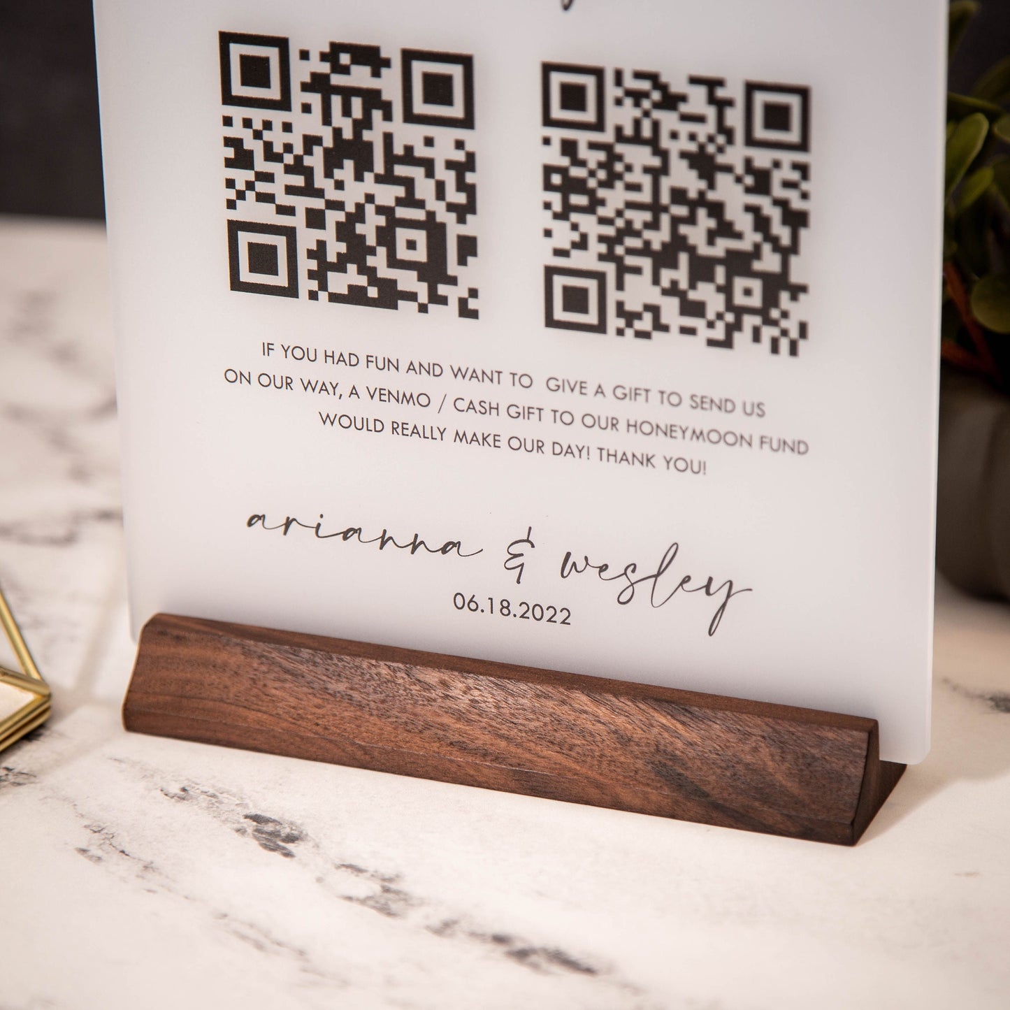 Honeymoon Fund QR Sign (Ice Acrylic) w/ Wood Stand - 6.5 x 7.75" Scannable QR Code Wedding Sign, Wedding Gift Table Decor, Venmo Link