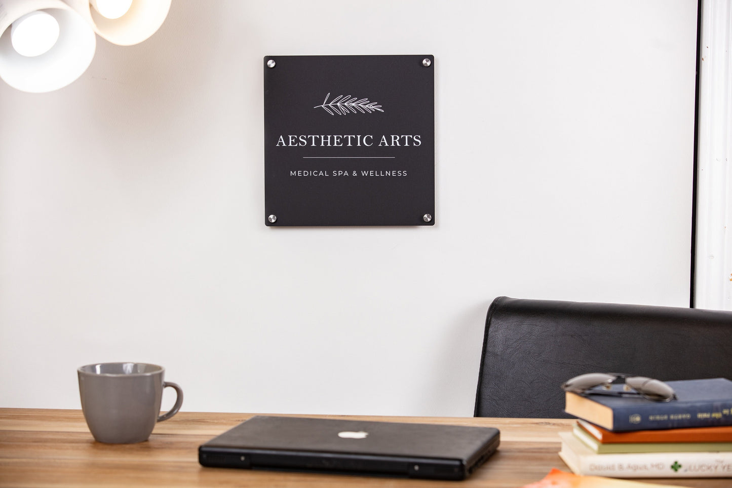 Black Acrylic Square Business Logo Sign w/ Metal Stand Offs - Custom Sign Personalized Beauty Spa Sign Small Business Office Door Name Plate