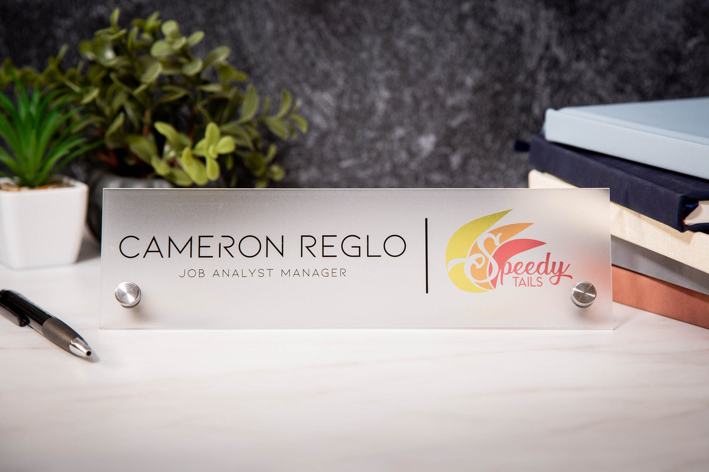 Frosted Standing Name Plate w/ Logo - 10x2.75" Desk Name Sign with Business Logo, New Job Office Decor, Coworker Promotion , Mom Dad Gift