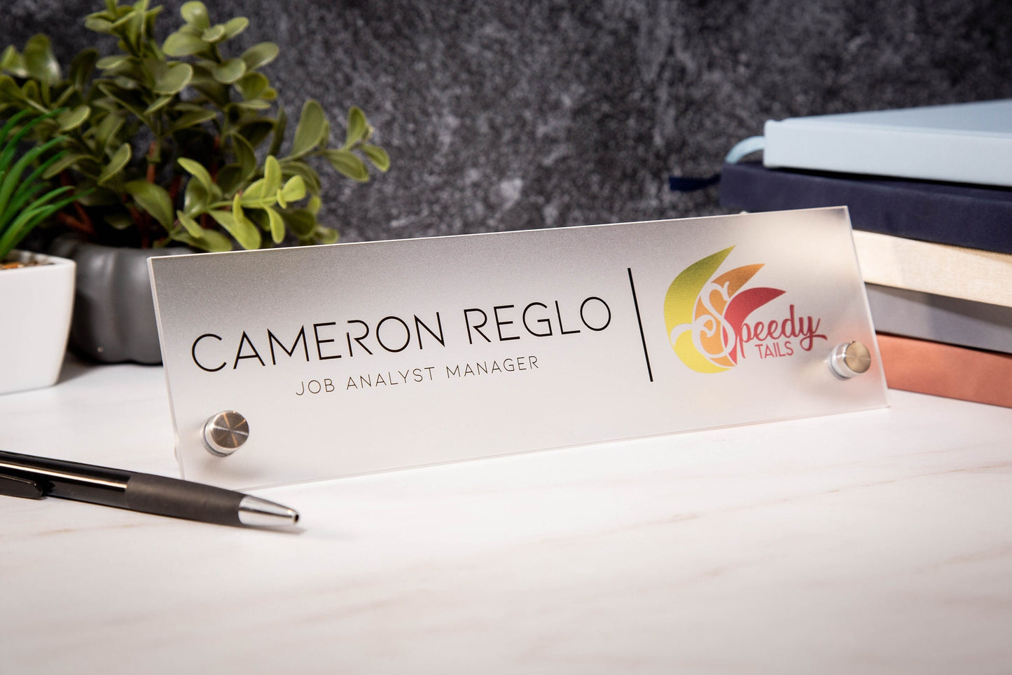 Frosted Standing Name Plate w/ Logo - 10x2.75" Desk Name Sign with Business Logo, New Job Office Decor, Coworker Promotion , Mom Dad Gift