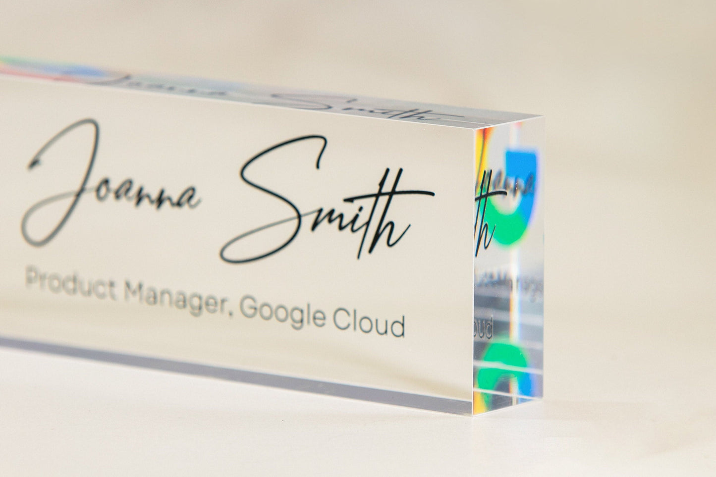 Acrylic Desk Block with Logo - 10x2.75 Executive CEO Plaque, New Job Office Business Decor, Company Staff Name Title Sign, Promotion Gift