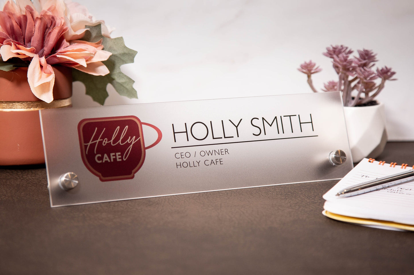 Frosted Standing Name Plate w/ Logo - 10x2.75" Clear Executive Desk Name Sign with Business Logo, Small Business Owner Gift, Gift for Him