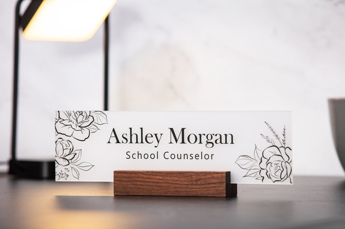 Acrylic Name Plate w/ Wood Stand - 10x2.75" Rose Floral Flowers Desk Name Sign Executive Desk CEO Sign, Custom Nurses Teacher School Gift