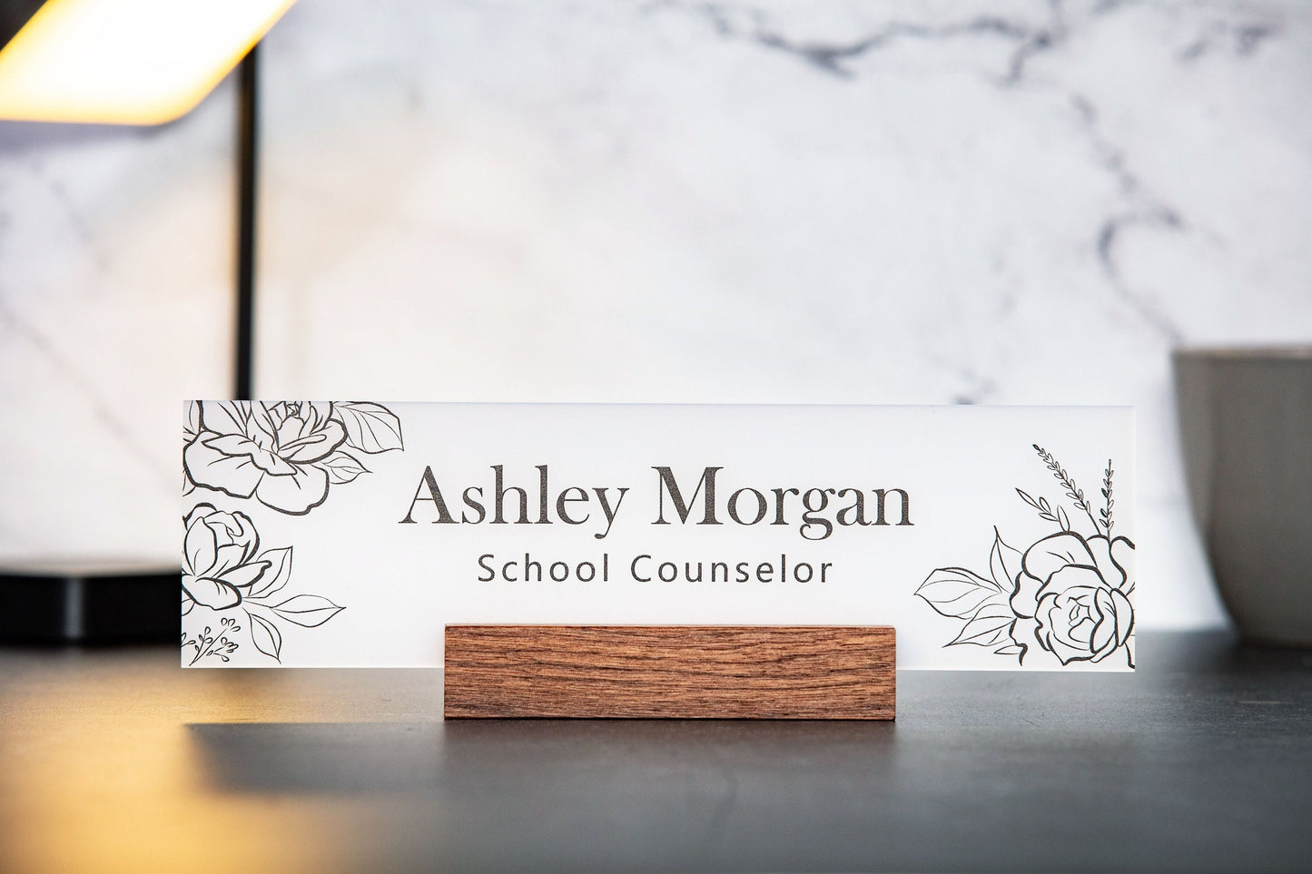 Acrylic Name Plate w/ Wood Stand - 10x2.75" Rose Floral Flowers Desk Name Sign Executive Desk CEO Sign, Custom Nurses Teacher School Gift