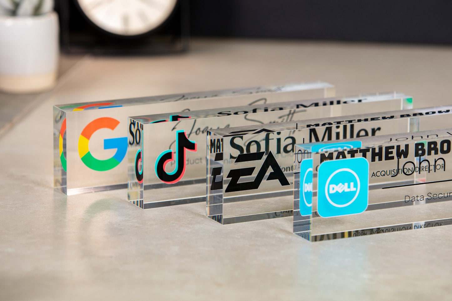 Acrylic Desk Block with Logo - 10x2.75 Executive CEO Plaque, New Job Office Business Decor, Company Staff Name Title Sign, Promotion Gift