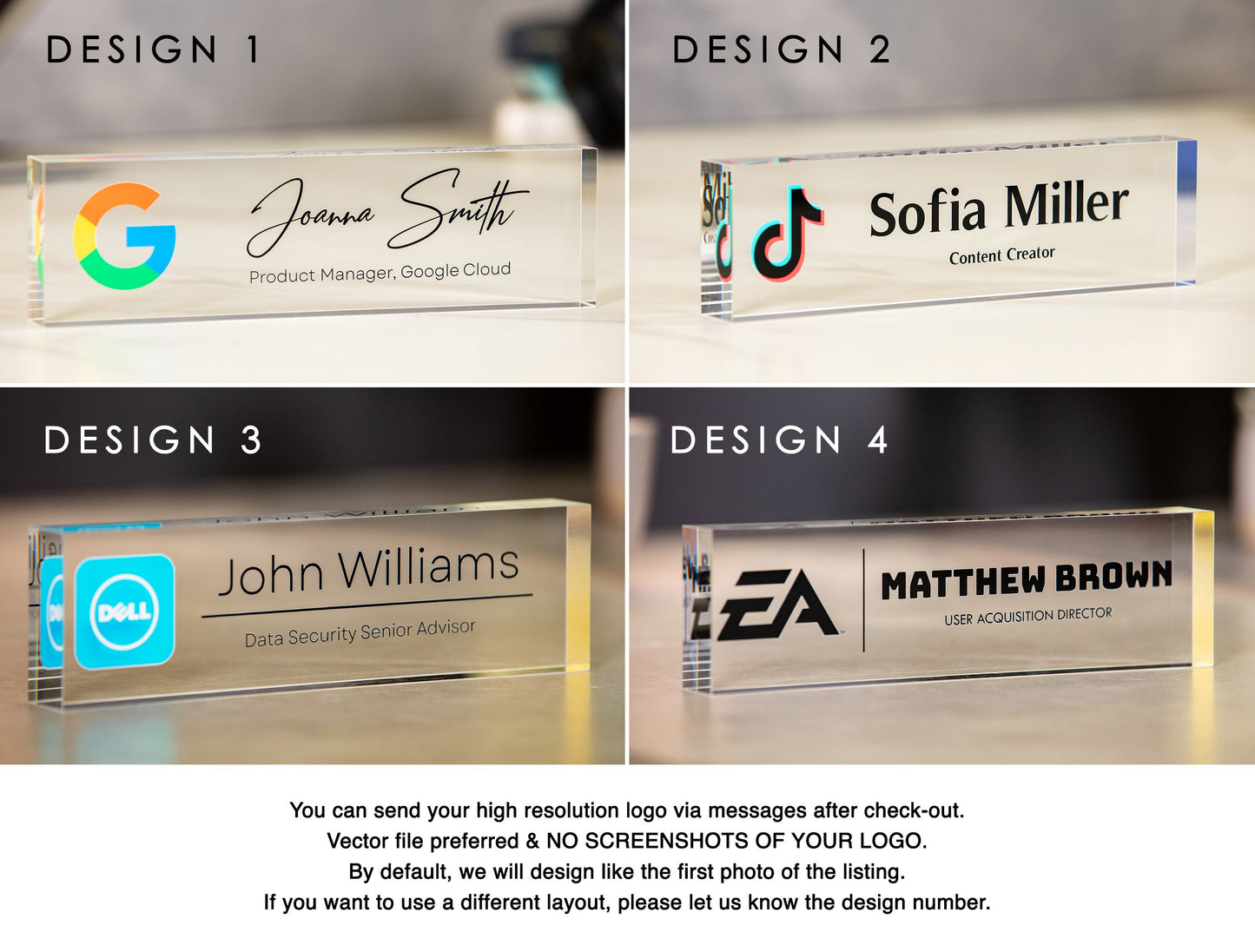 Acrylic Desk Block with Logo - 10x2.75 Executive CEO Plaque, New Job Office Business Decor, Company Staff Name Title Sign, Promotion Gift