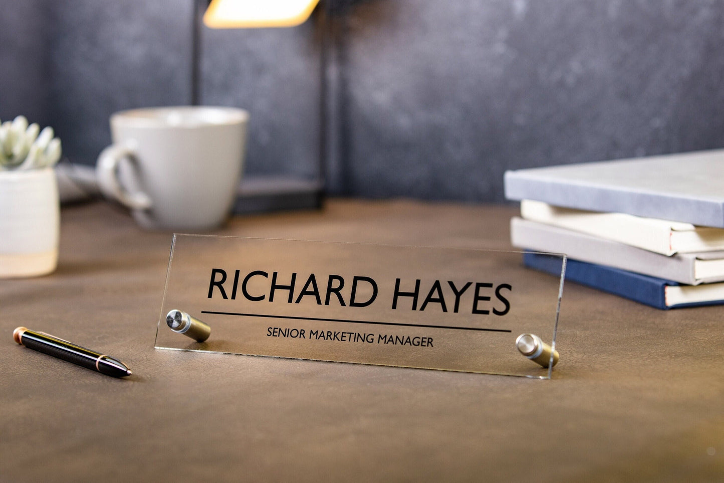 Standing Acrylic Name Plate - 10x2.75" Clear Bold Desk Sign, New Job Office Decor, Corporate Work Promotion Gift, Employee Staff, Dad Gift
