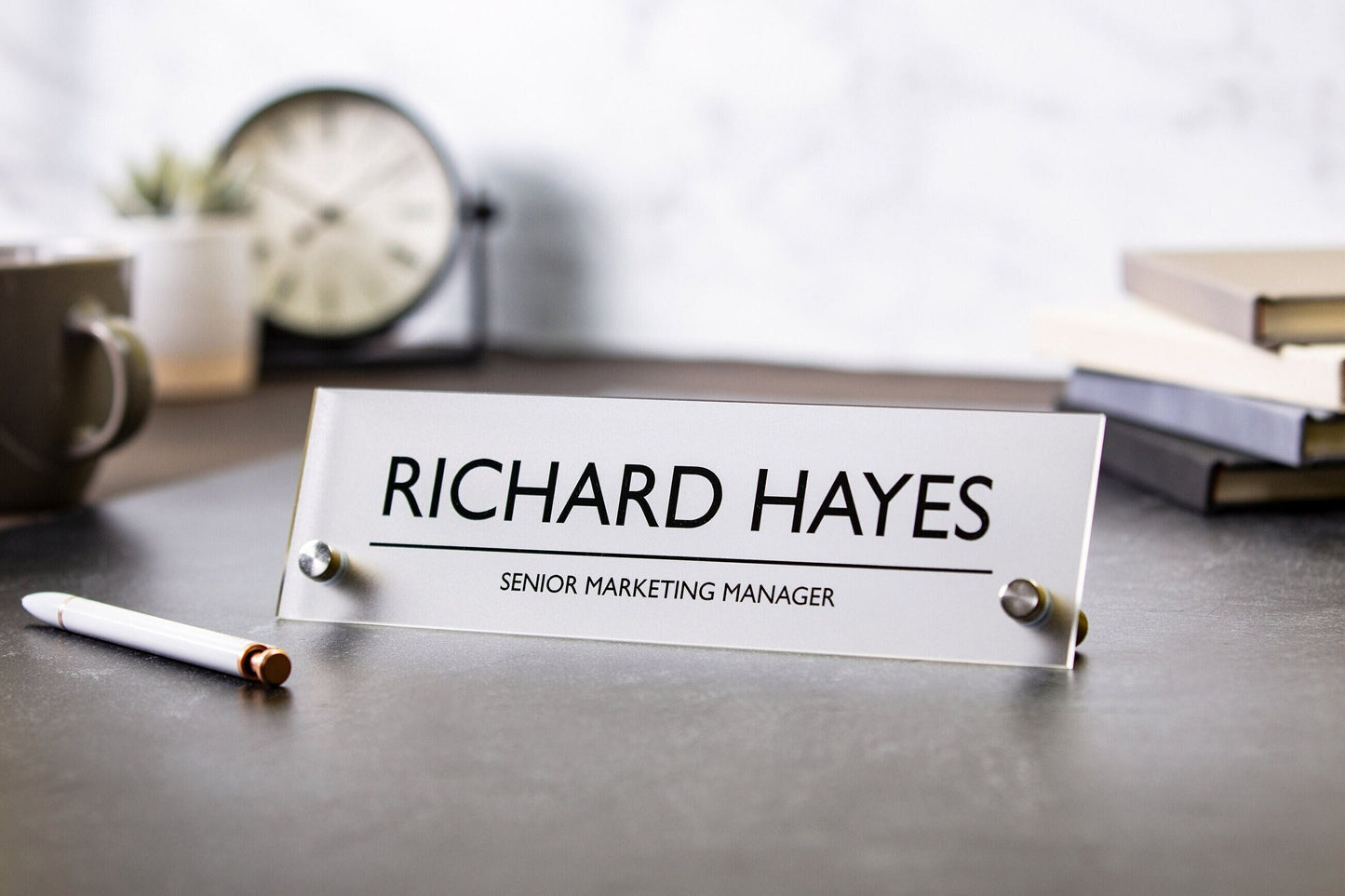 Standing Acrylic Name Plate - 10x2.75" Clear Bold Desk Sign, New Job Office Decor, Corporate Work Promotion Gift, Employee Staff, Dad Gift