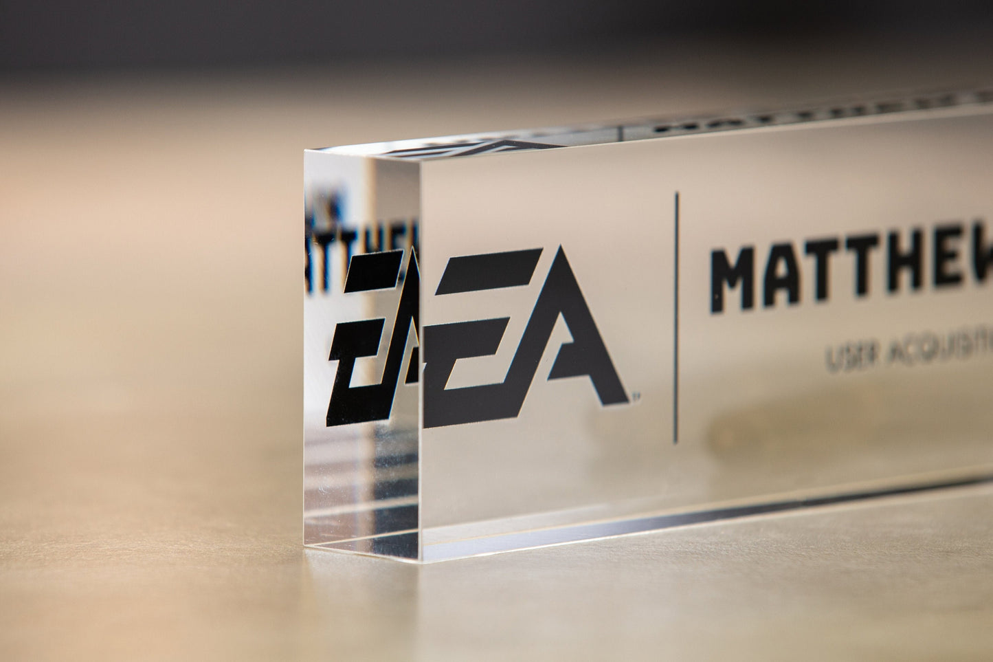 Acrylic Desk Block with Logo - 10x2.75 Executive CEO Plaque, New Job Office Business Decor, Company Staff Name Title Sign, Promotion Gift