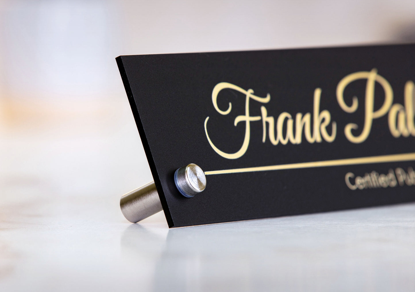 Standing Black Acrylic Name Plate (Gold Text) - Executive Desk CEO Sign, New Job Staff Corporate Employee Gift, Teacher Appreciation