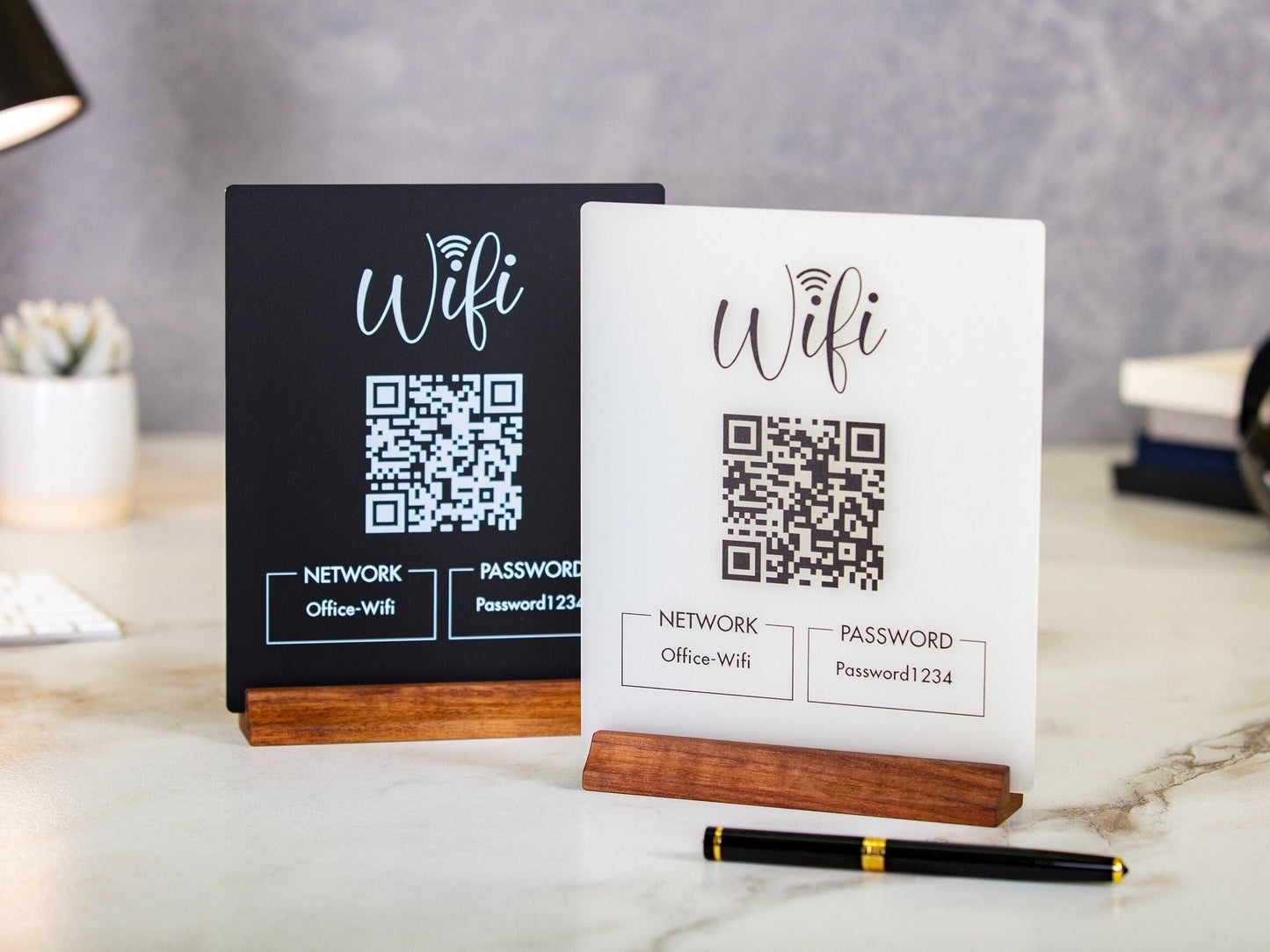 QR Code Wifi Acrylic Sign w/ Wood Base - 6.5 x 7.75" Table Sign for Home & Airbnb Rental, Small Business Nail Salon Restaurant Bar Signage