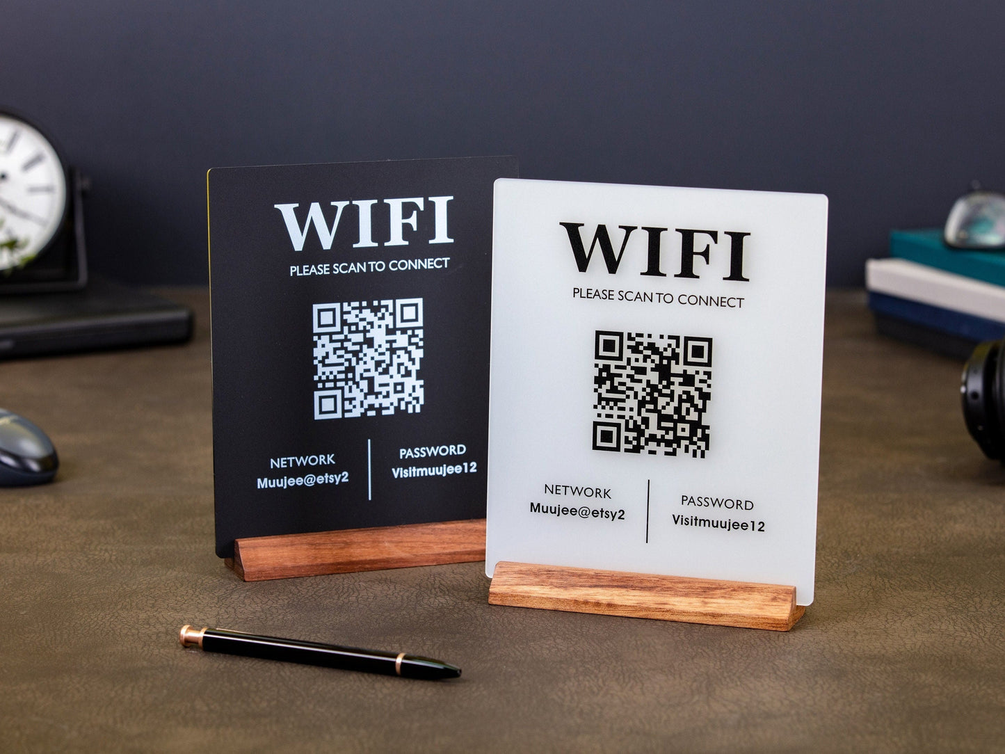QR Code Wifi Acrylic Sign w/ Wood Base - 6x7.75" Table Sign for Home & Airbnb Rental, Sign for Small Business Office Signage, Salon Spa Wifi