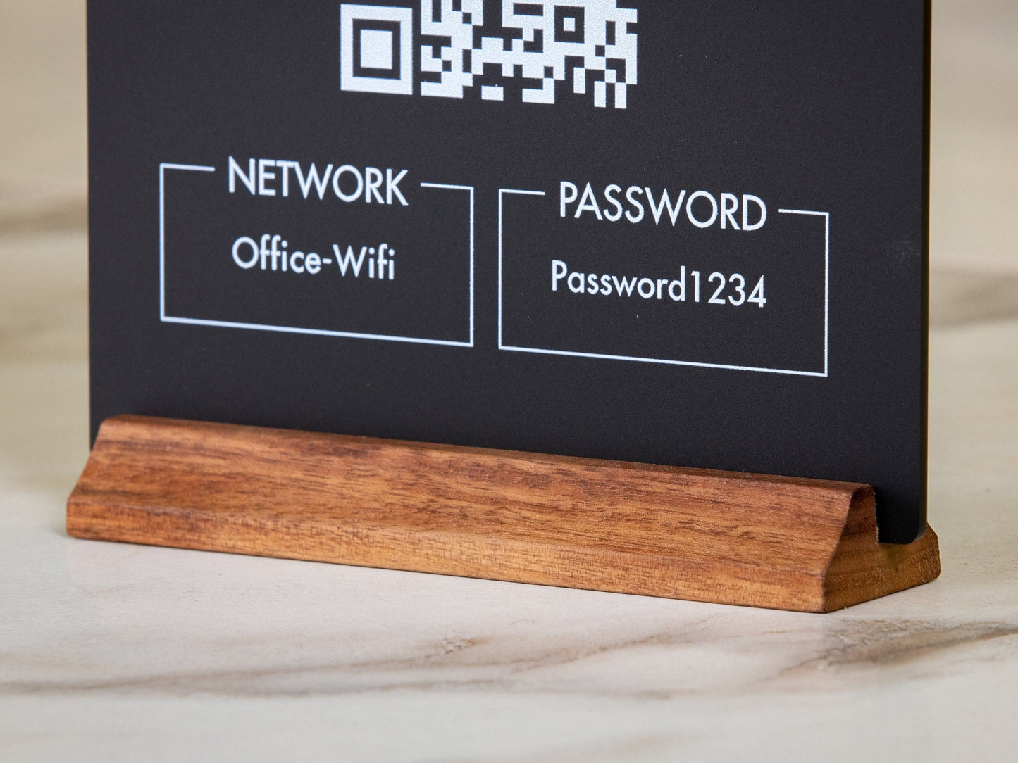 QR Code Wifi Acrylic Sign w/ Wood Base - 6.5 x 7.75" Table Sign for Home & Airbnb Rental, Small Business Nail Salon Restaurant Bar Signage