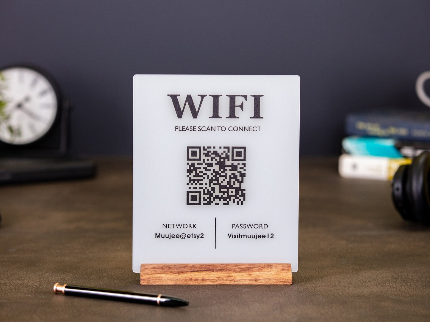 QR Code Wifi Acrylic Sign w/ Wood Base - 6x7.75" Table Sign for Home & Airbnb Rental, Sign for Small Business Office Signage, Salon Spa Wifi