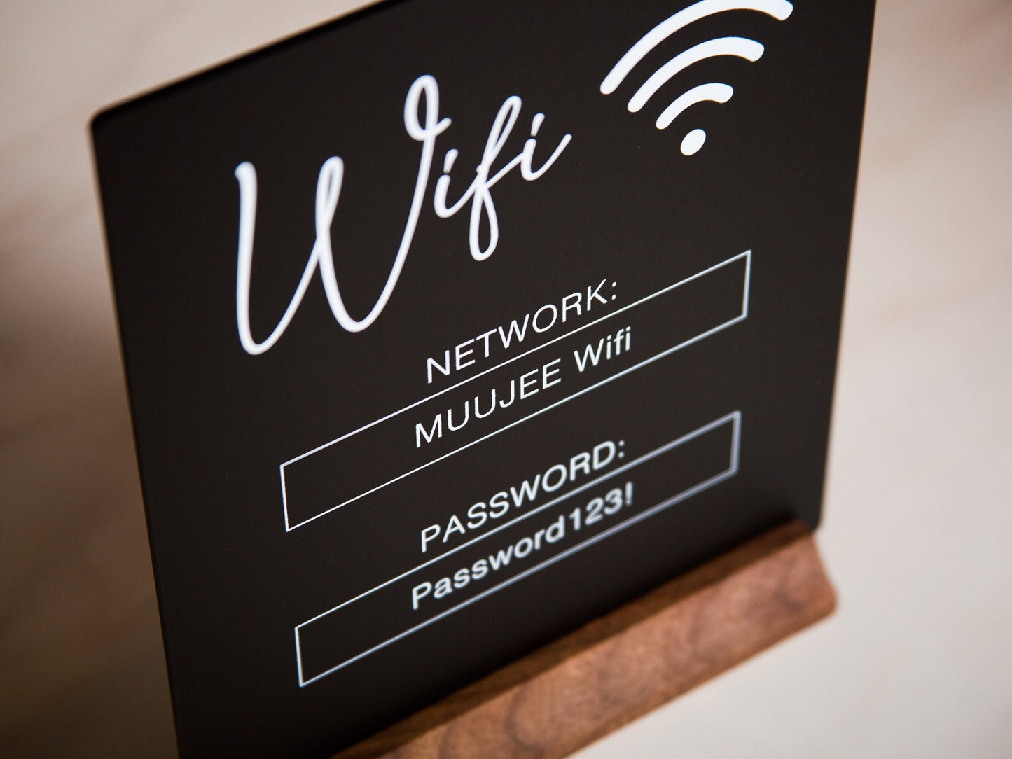 Wifi Acrylic Sign w/ Wood Base - 6.5 x 7.75" Ice or Black Table Sign for Home Airbnb Rental Small Business Salon Restaurant Bar Hotel Cafe