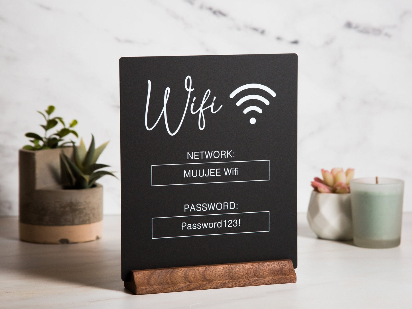 Wifi Acrylic Sign w/ Wood Base - 6.5 x 7.75" Ice or Black Table Sign for Home Airbnb Rental Small Business Salon Restaurant Bar Hotel Cafe