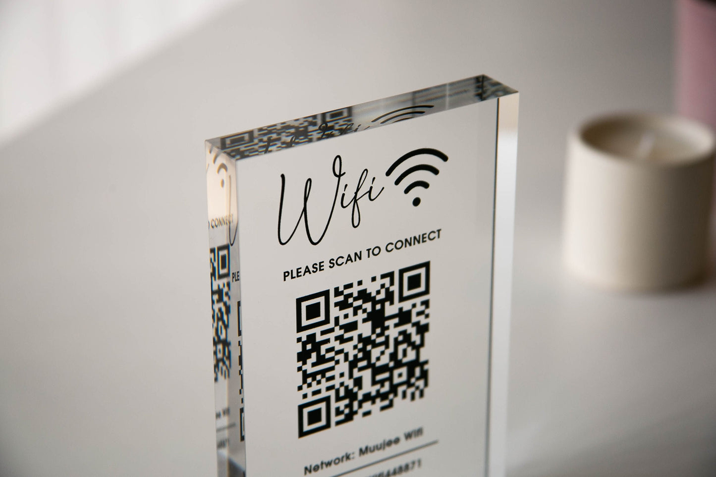 Personalized Acrylic QR Code Wifi Sign (Design 1) - Custom Network Password Table Top Signage Hotel Small Business Resaturants Bars Cafe