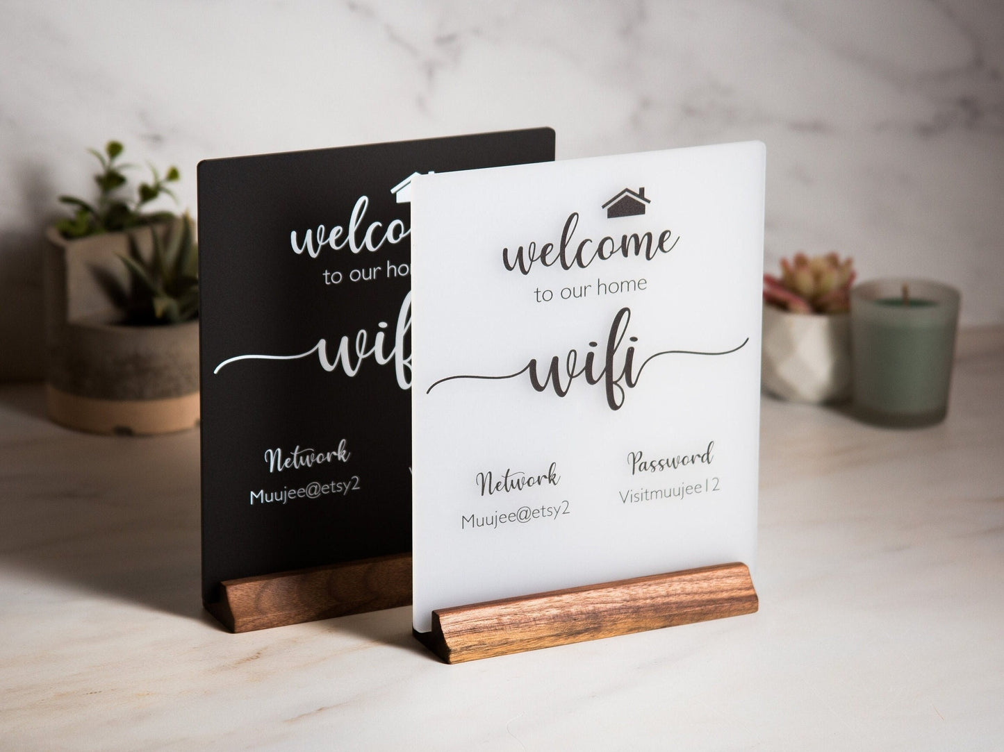 Wifi Acrylic Sign w/ Wood Base - 6.5 x 7.75" Ice or Black Table Sign for Home & Airbnb Rental, Office Small Business Salons Restaurants Bar