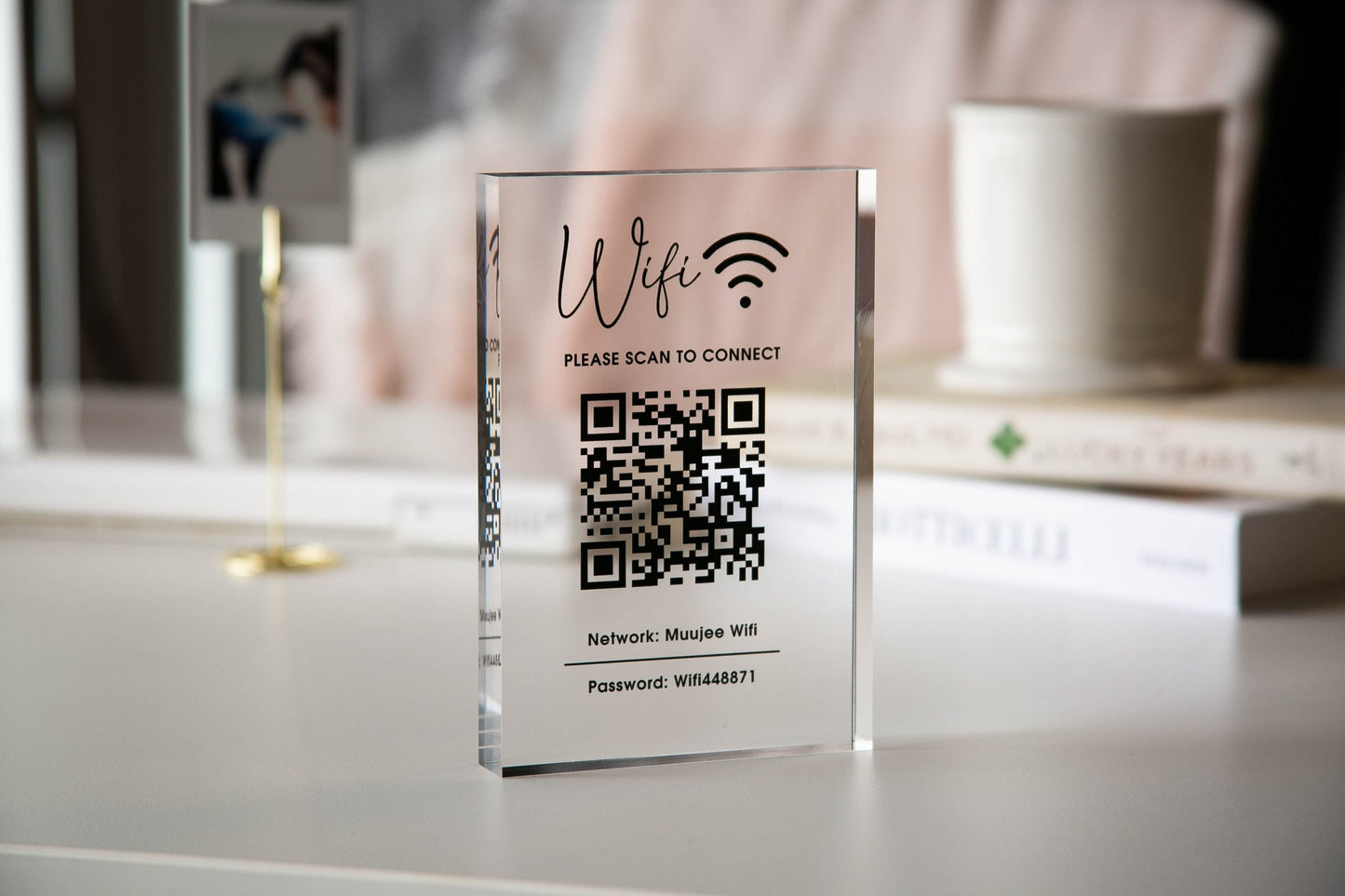 Personalized Acrylic QR Code Wifi Sign (Design 1) - Custom Network Password Table Top Signage Hotel Small Business Resaturants Bars Cafe