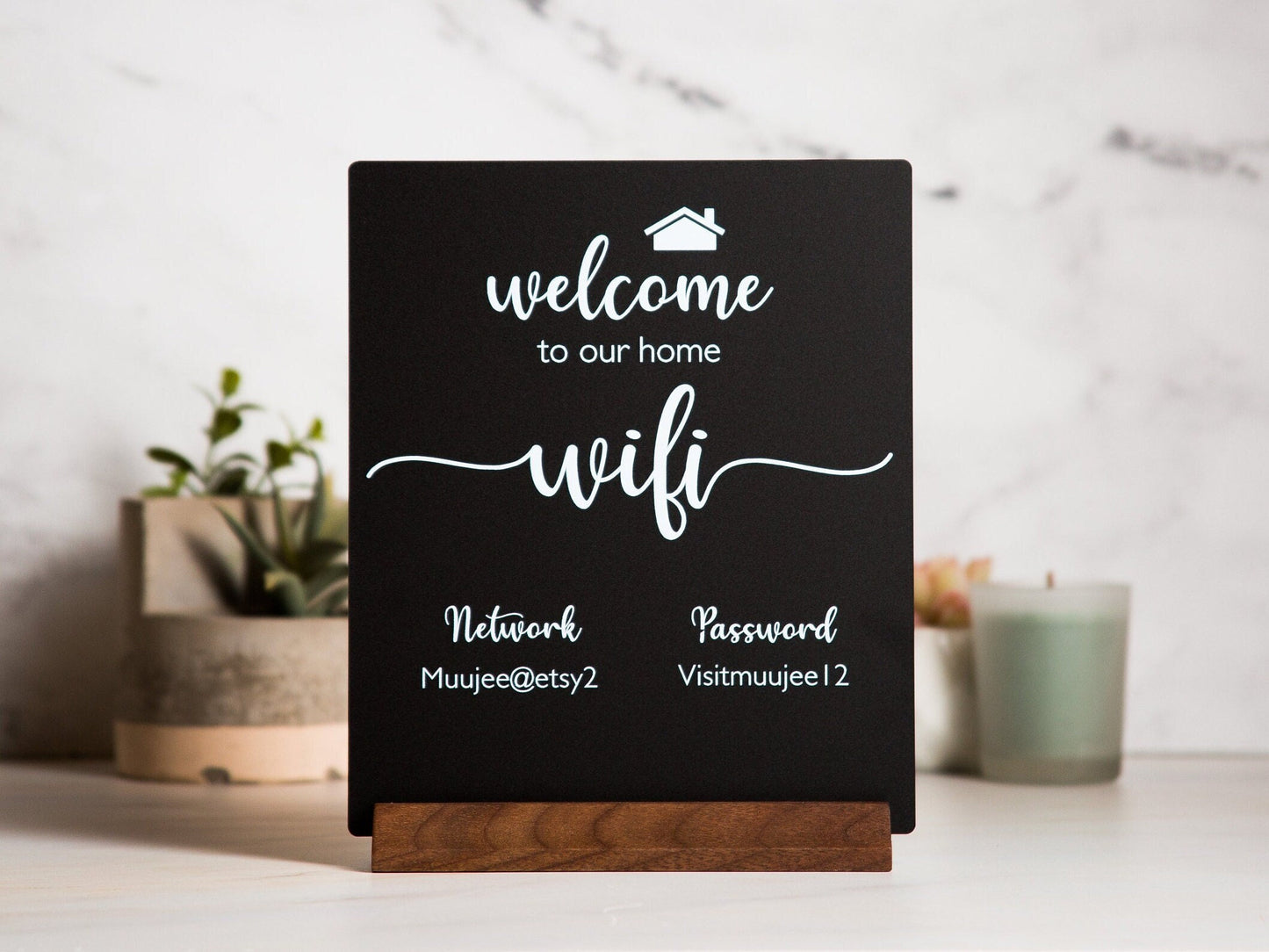 Wifi Acrylic Sign w/ Wood Base - 6.5 x 7.75" Ice or Black Table Sign for Home & Airbnb Rental, Office Small Business Salons Restaurants Bar