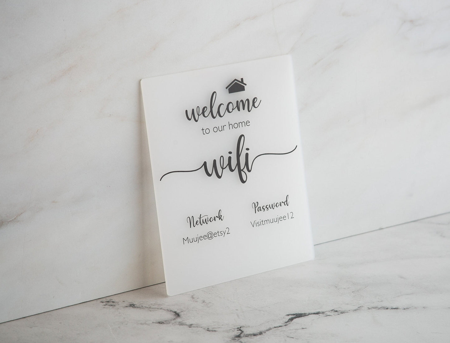 Wifi Acrylic Sign w/ Wood Base - 6.5 x 7.75" Ice or Black Table Sign for Home & Airbnb Rental, Office Small Business Salons Restaurants Bar