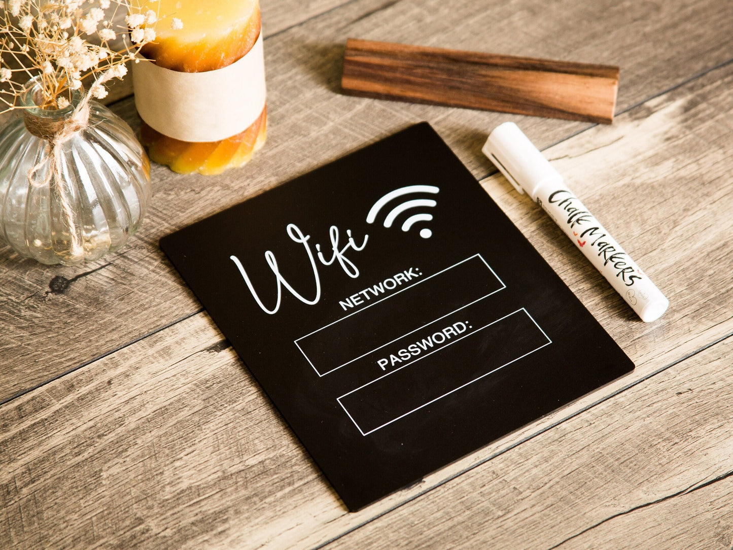 Dry Erase Wifi Acrylic Sign w/ Wood Base (Ready to Ship) - 6.5 x 7.75" Sign for Home & Airbnb Rental, Business Restaurants Bars Hotel