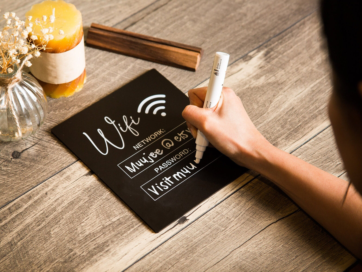 Dry Erase Wifi Acrylic Sign w/ Wood Base (Ready to Ship) - 6.5 x 7.75" Sign for Home & Airbnb Rental, Business Restaurants Bars Hotel