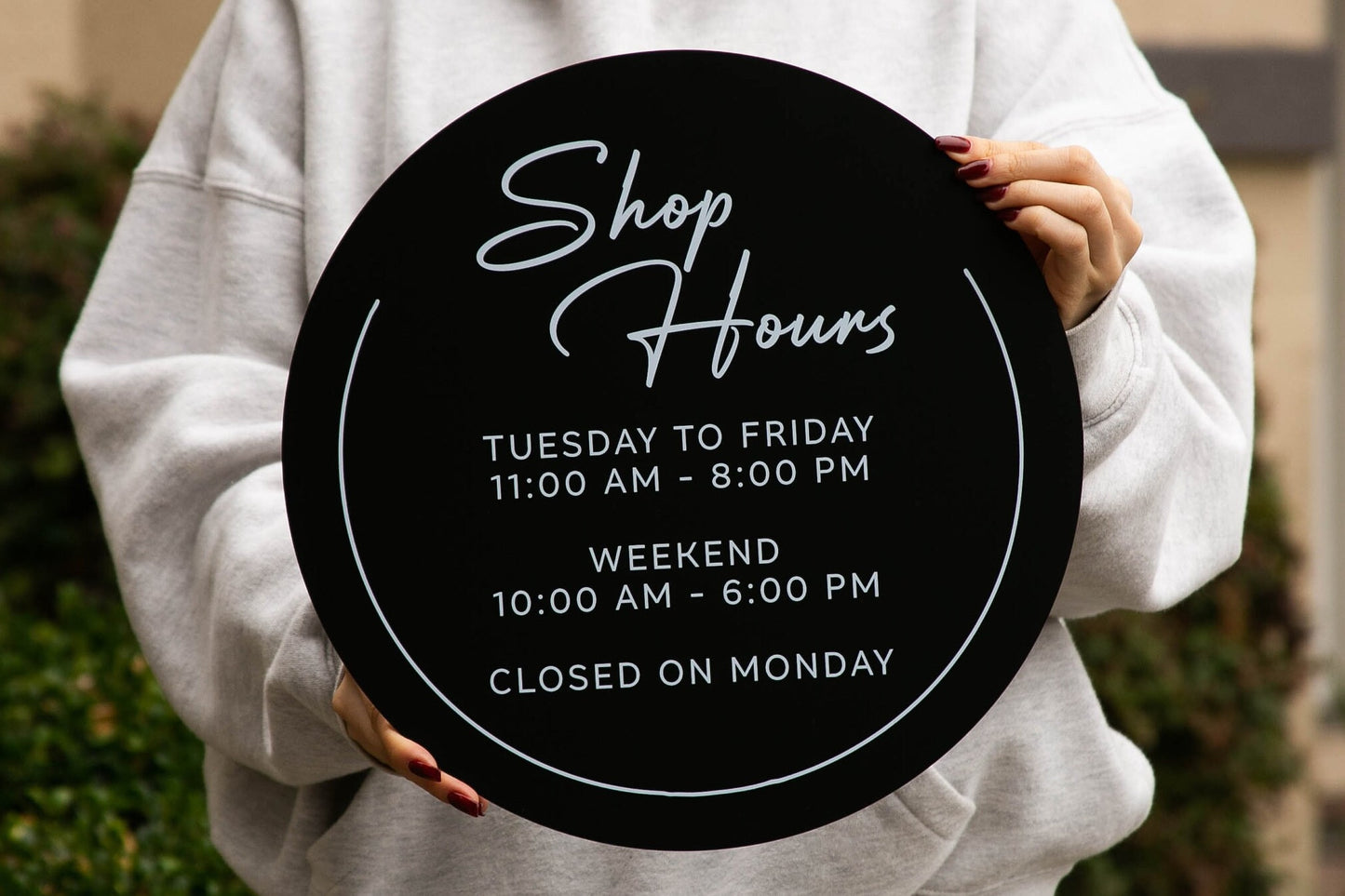 Round Acrylic Sign (Store Hours) w/ No Holes - custom signage for office home rental door, small business, spa salon operation hours signs