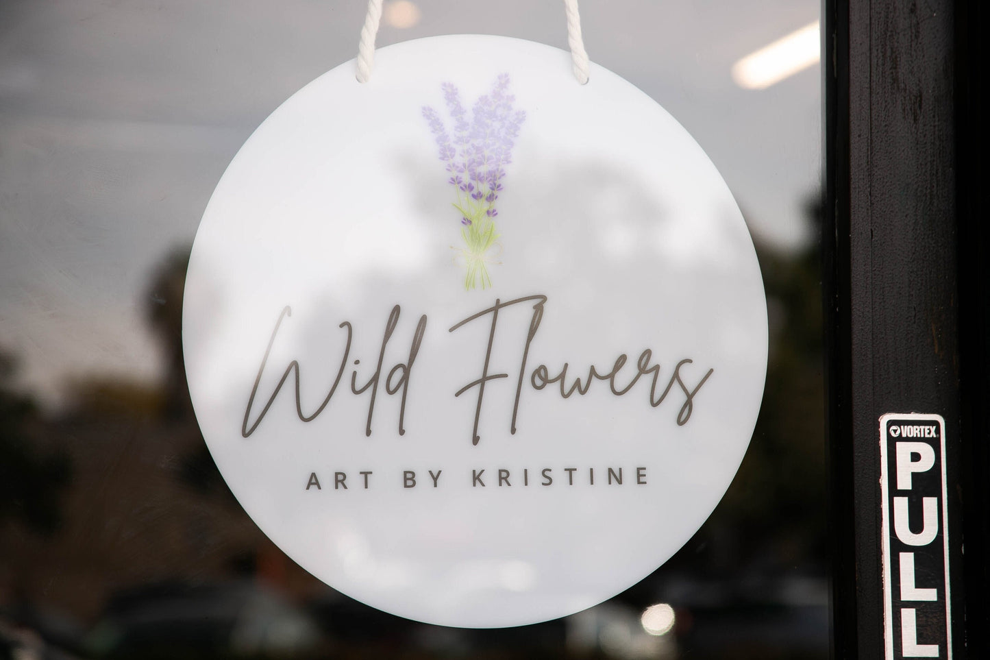 Round Hanging Acrylic Sign (Logo) w/ White Rope - Custom window signage for office rental door small business beauty salon spa artist plaque