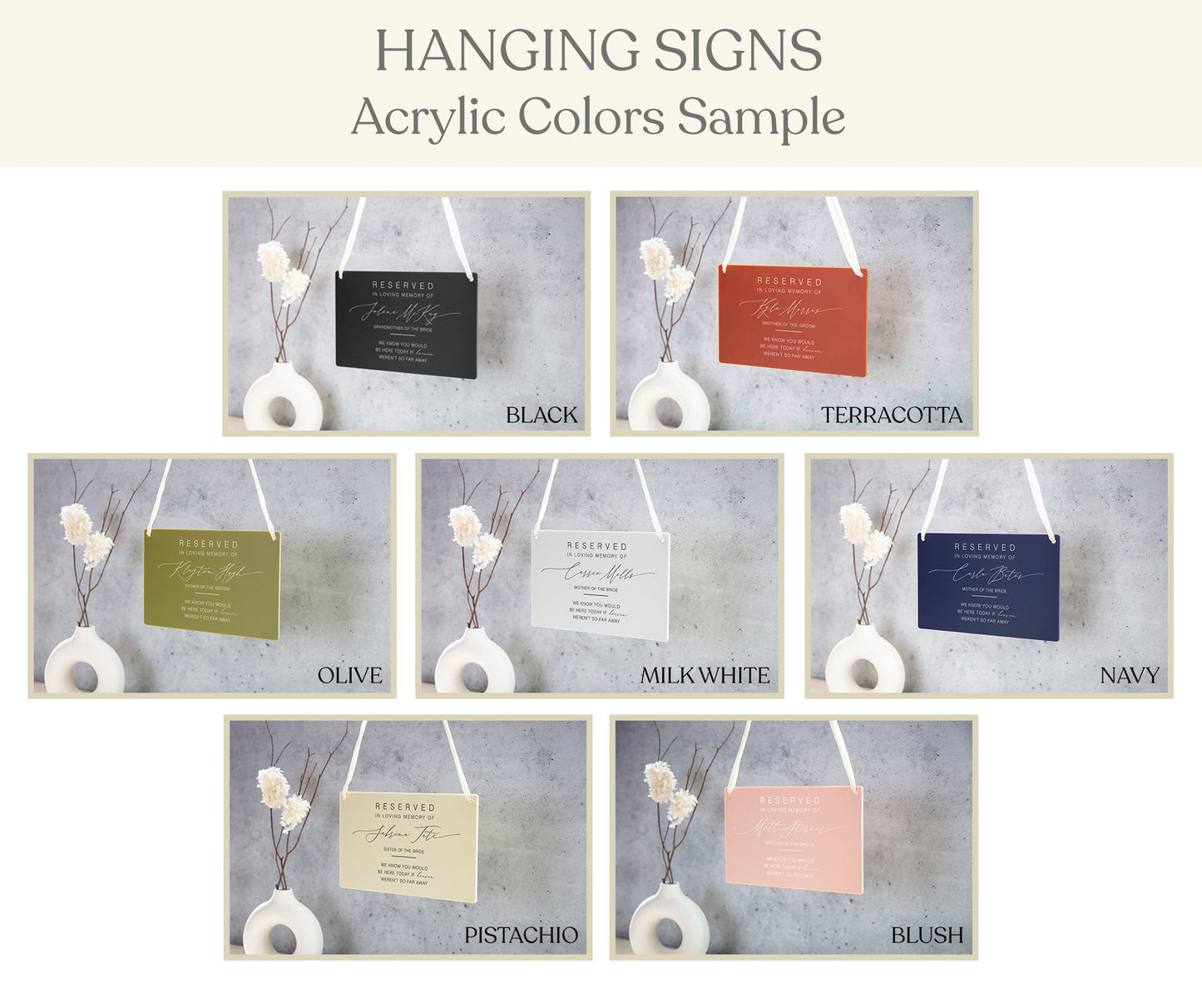 Reserved Hanging Acrylic Sign with Ribbon - Black or Frosted 11.5x7" Sign, In Loving Memory Sign for Wedding Chair Aisle, Memory Table Sign