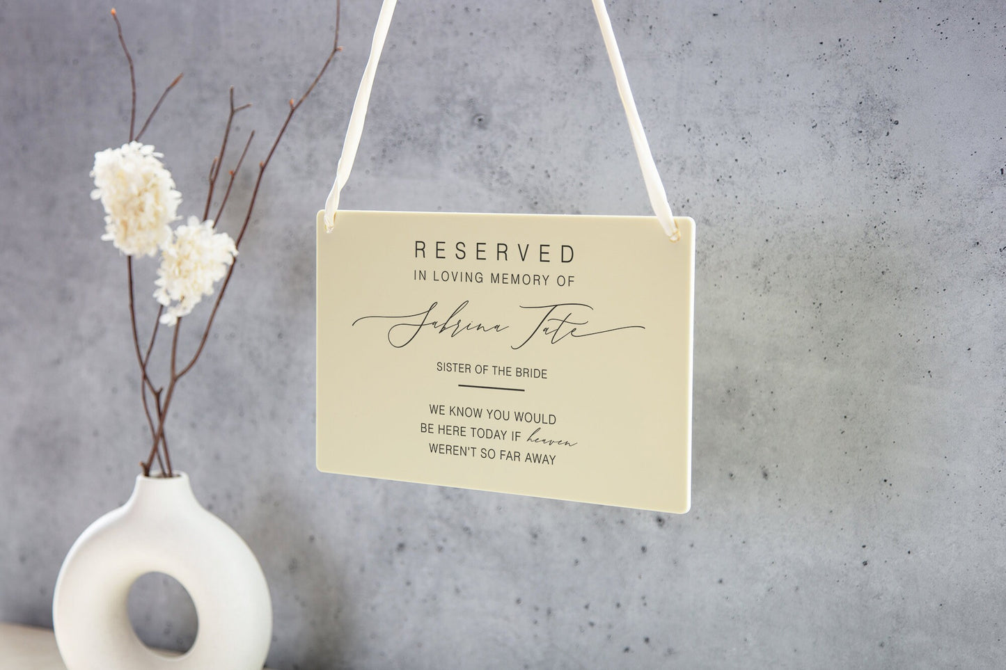 Reserved Hanging Acrylic Sign with Ribbon - Black or Frosted 11.5x7" Sign, In Loving Memory Sign for Wedding Chair Aisle, Memory Table Sign