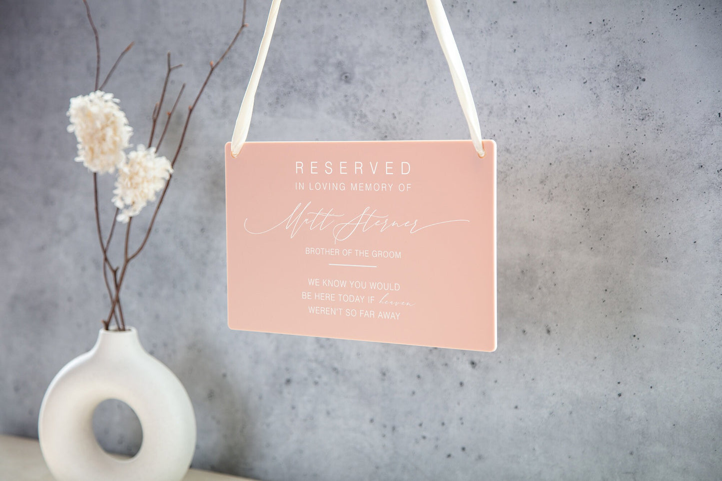 Reserved Hanging Acrylic Sign with Ribbon - Black or Frosted 11.5x7" Sign, In Loving Memory Sign for Wedding Chair Aisle, Memory Table Sign