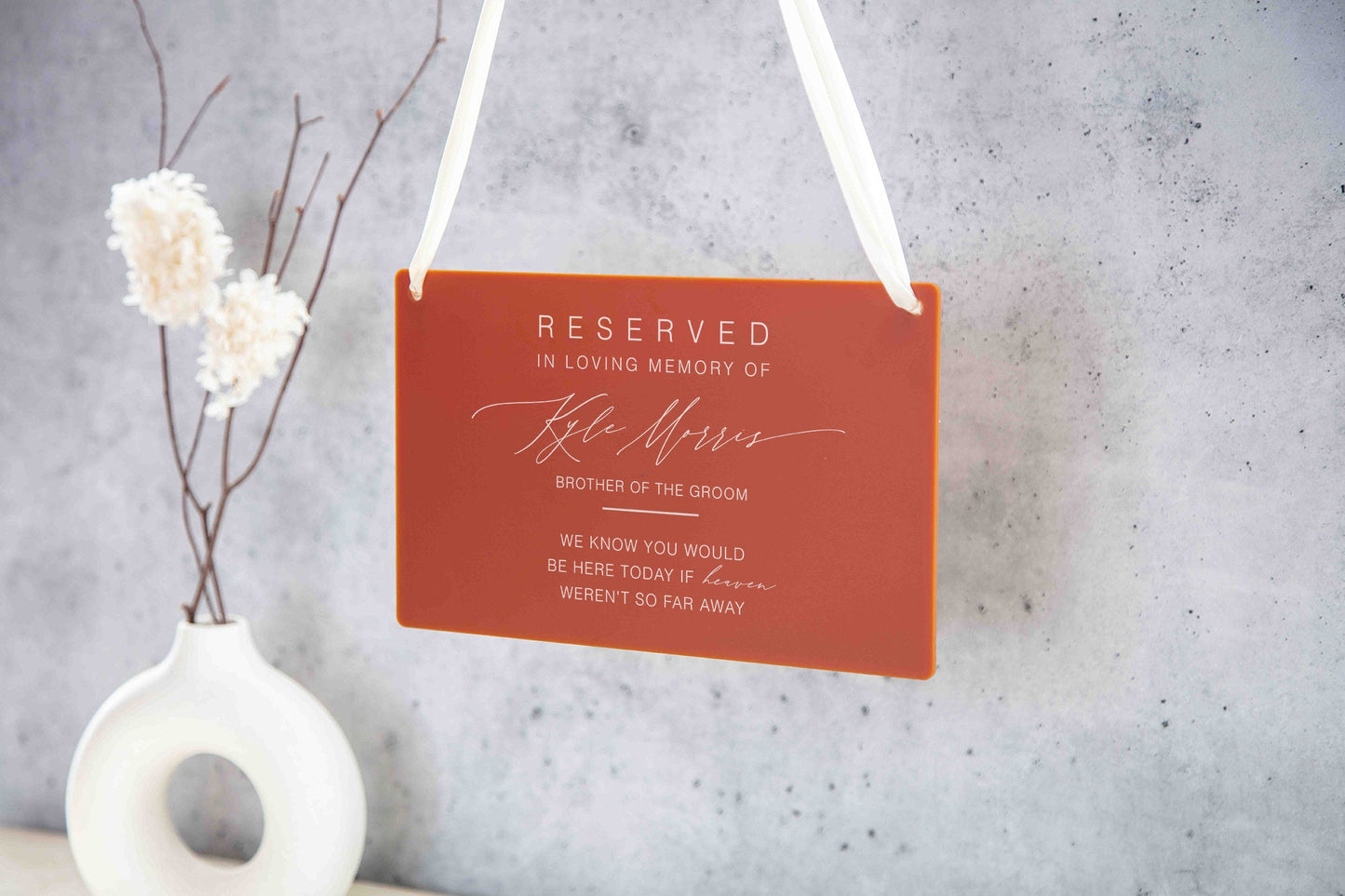 Reserved Hanging Acrylic Sign with Ribbon - Black or Frosted 11.5x7" Sign, In Loving Memory Sign for Wedding Chair Aisle, Memory Table Sign