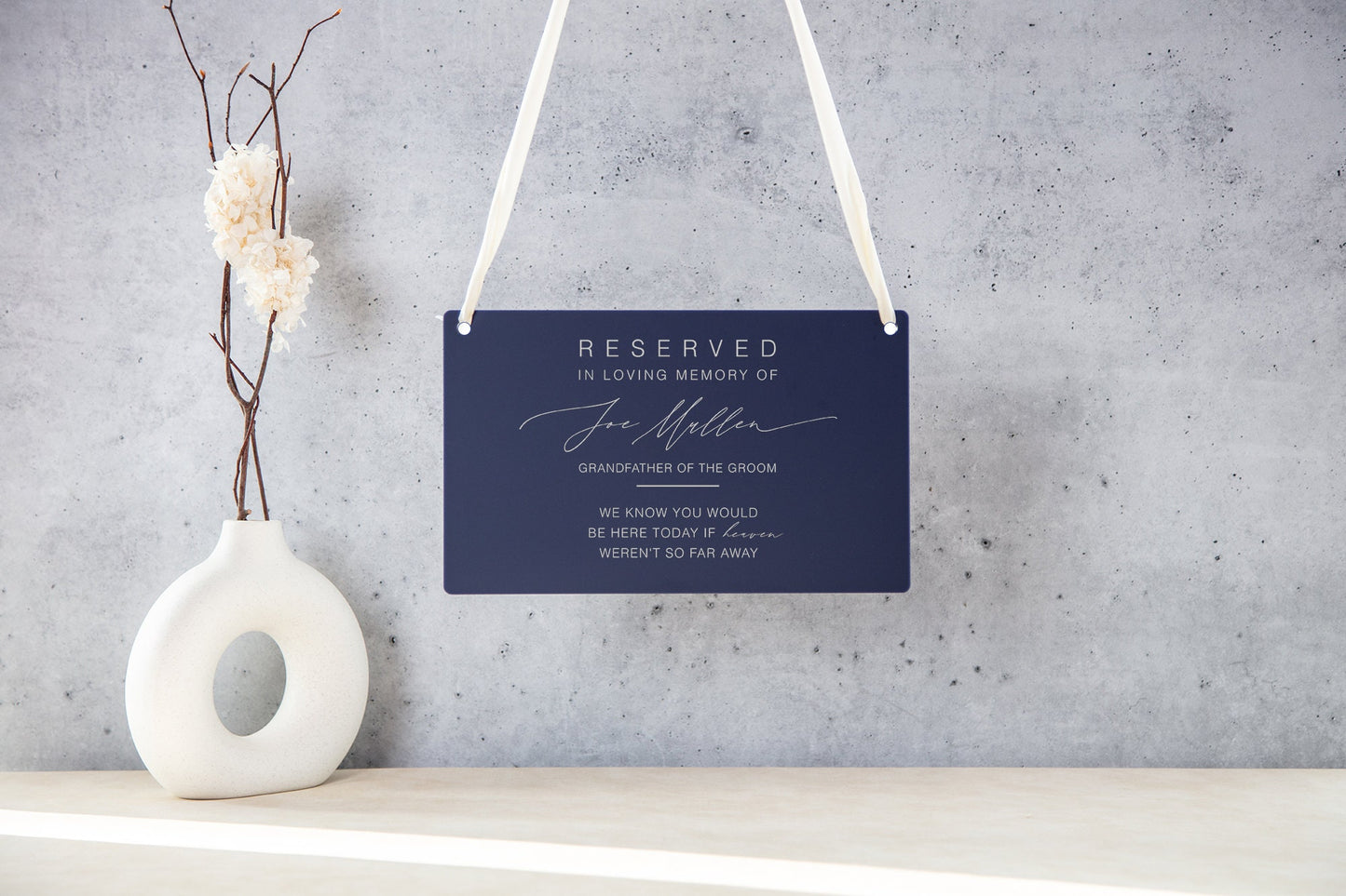 Reserved Hanging Acrylic Sign with Ribbon - Black or Frosted 11.5x7" Sign, In Loving Memory Sign for Wedding Chair Aisle, Memory Table Sign