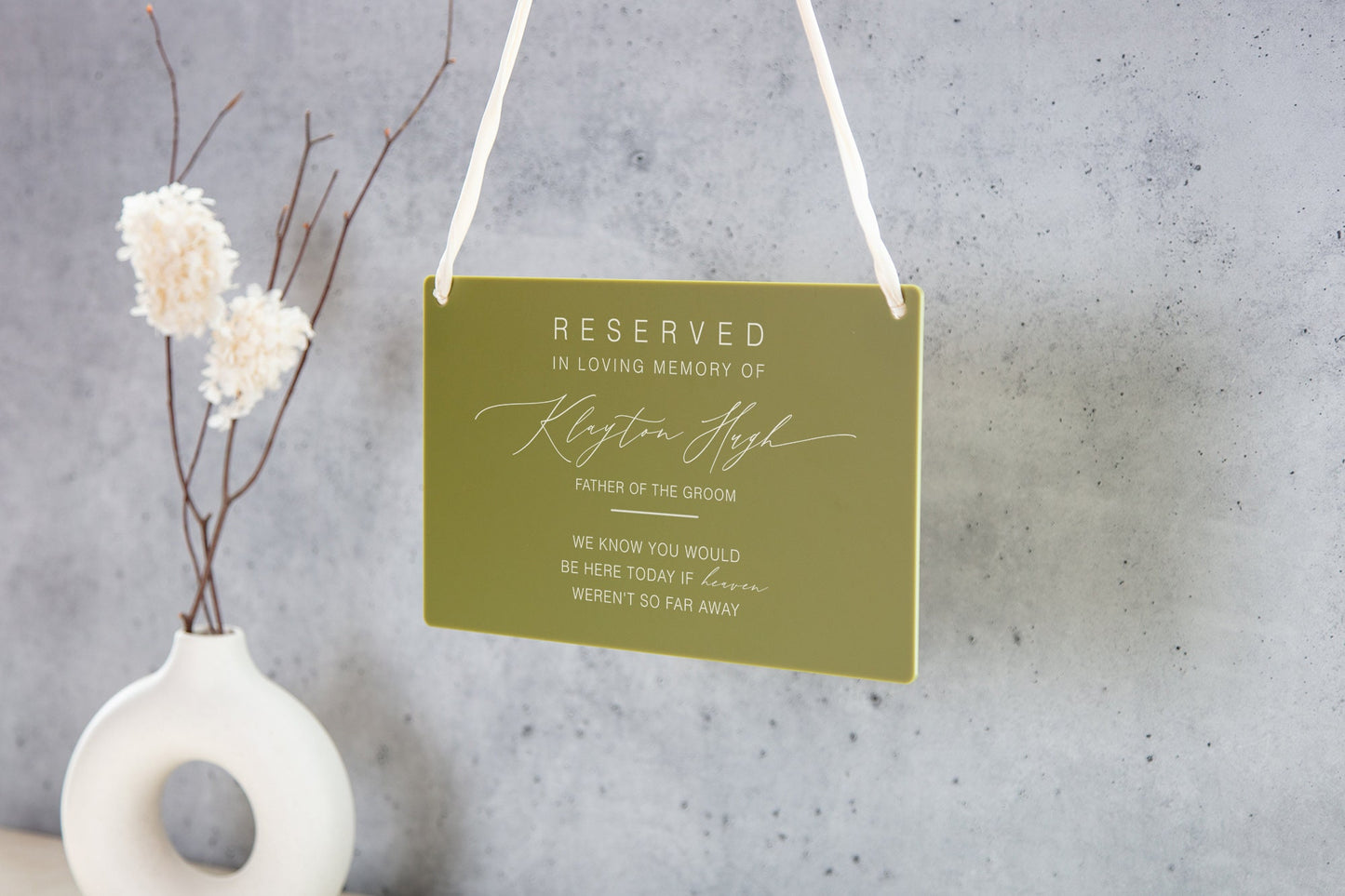 Reserved Hanging Acrylic Sign with Ribbon - Black or Frosted 11.5x7" Sign, In Loving Memory Sign for Wedding Chair Aisle, Memory Table Sign