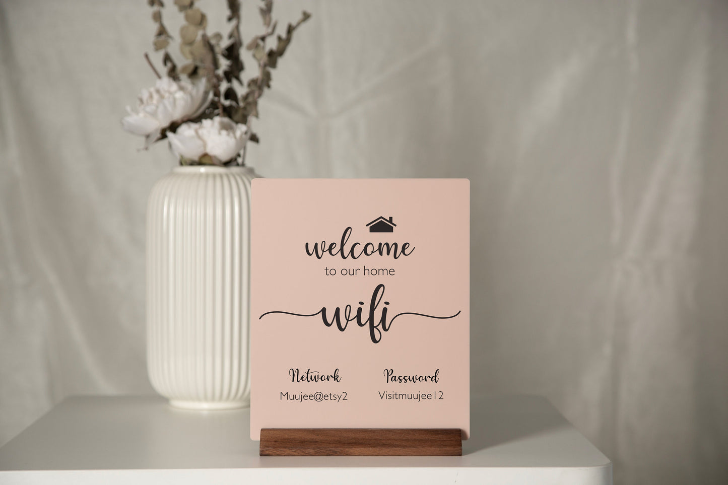 Wifi Acrylic Sign w/ Wood Base - 6.5 x 7.75" Ice or Black Table Sign for Home & Airbnb Rental, Office Small Business Salons Restaurants Bar