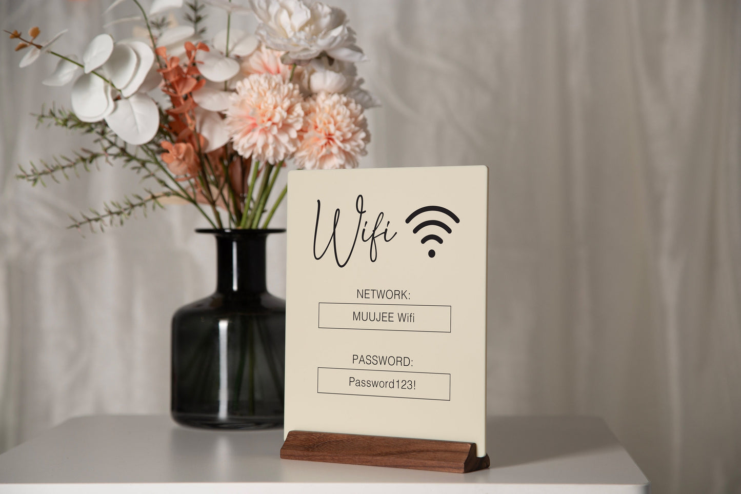 Wifi Acrylic Sign w/ Wood Base - 6.5 x 7.75" Ice or Black Table Sign for Home Airbnb Rental Small Business Salon Restaurant Bar Hotel Café
