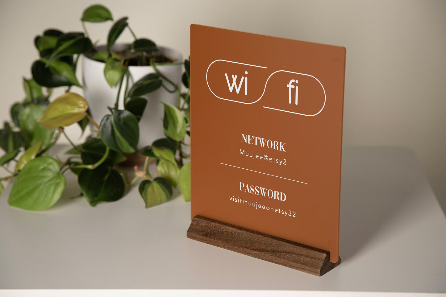 Wifi Acrylic Sign w/ Wood Base - 6.5 x 7.75" Table Signage for Home & Airbnb Rental, Custom Office Small Business Salons Restaurants Bar