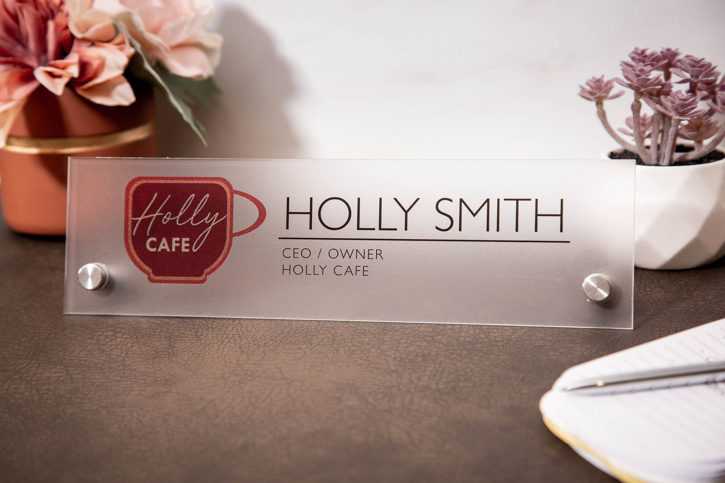 Frosted Standing Name Plate w/ Logo - 10x2.75" Clear Executive Desk Name Sign with Business Logo, Small Business Owner Gift, Gift for Him
