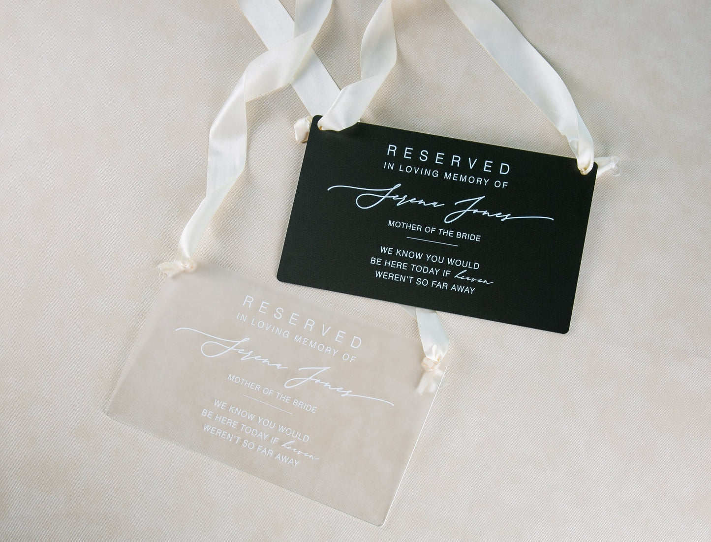 Reserved Hanging Acrylic Sign with Ribbon - Black or Frosted 11.5x7" Sign, In Loving Memory Sign for Wedding Chair Aisle, Memory Table Sign