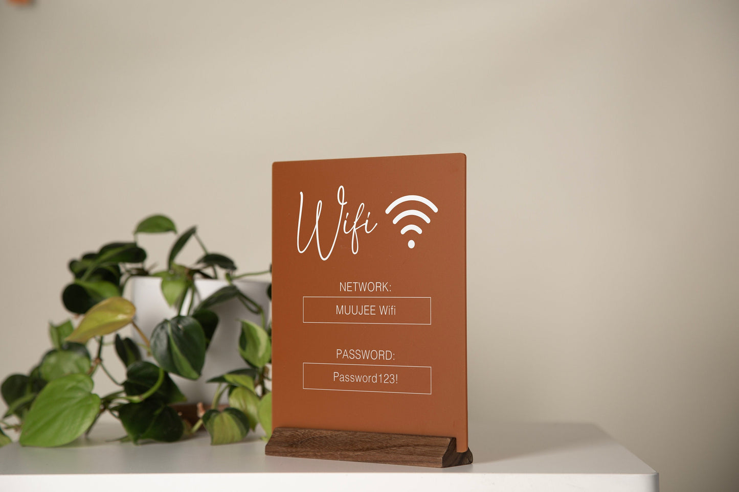 Wifi Acrylic Sign w/ Wood Base - 6.5 x 7.75" Ice or Black Table Sign for Home Airbnb Rental Small Business Salon Restaurant Bar Hotel Café