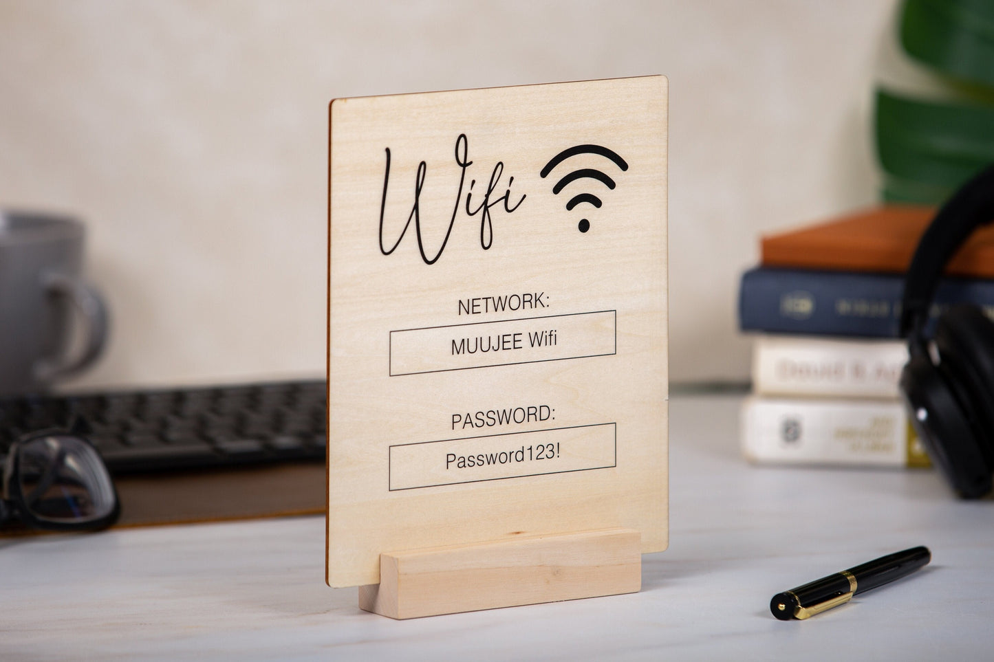 Wood Wifi Sign w/ Maple Wood Stand (Design 2) - Network Display Sign for Small Business Cafe Restaurant Beauty Spa AirBnB Rental Essential